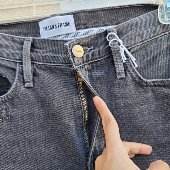 Imaan x Frame | Distressed Knee Length Bermuda Cut Off Gray Denim Shorts Size 24 - Picture 4 of 13